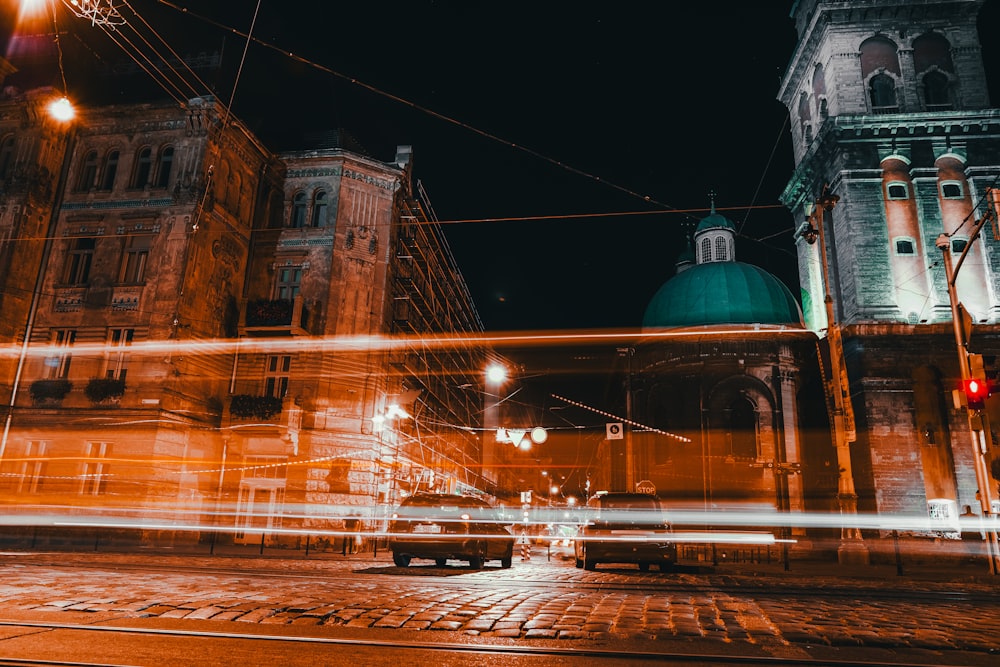 a blurry photo of a city street at night