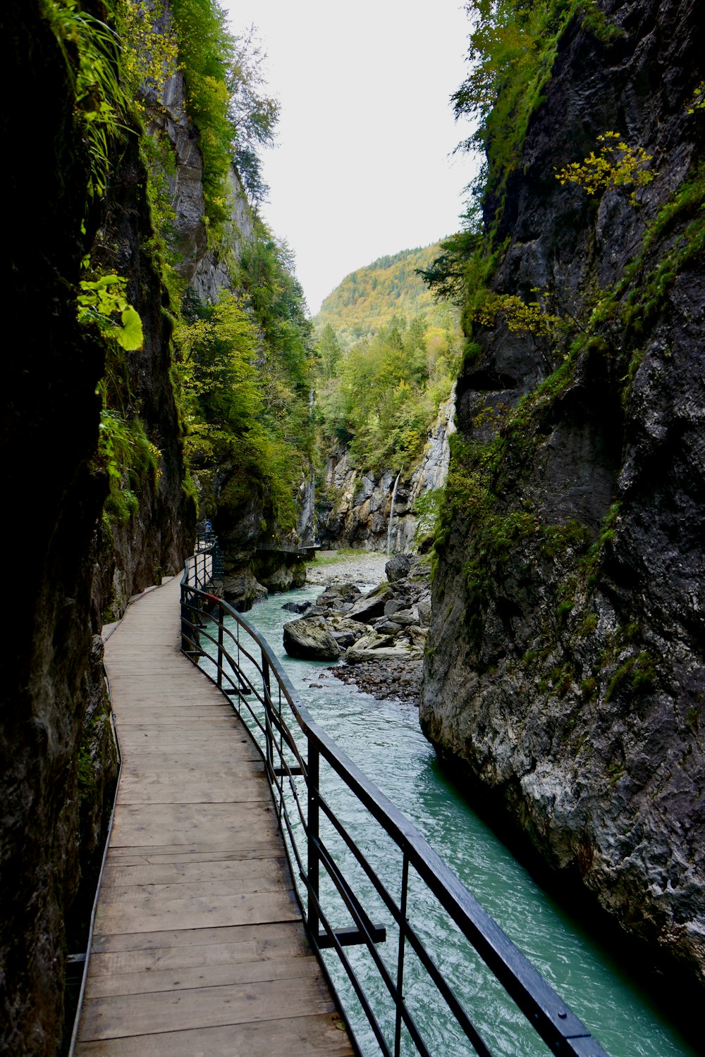 a wooden walkway leading to a river in a canyon