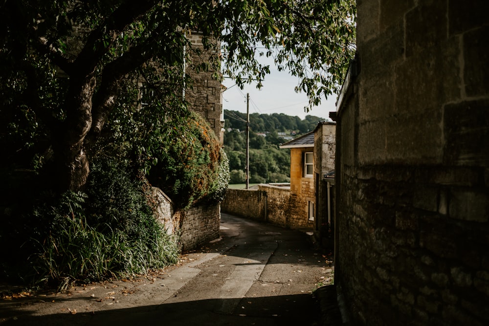 an alley way with a stone building and trees