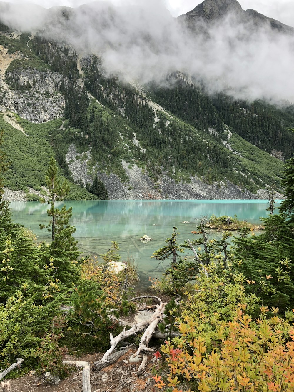 木々や雲に囲まれた山の湖