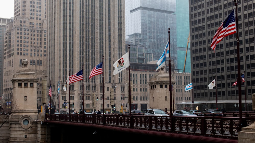 a bridge with many american flags on it