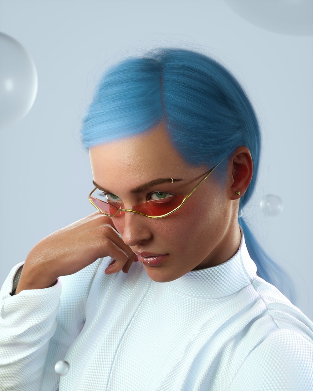a woman with blue hair wearing glasses