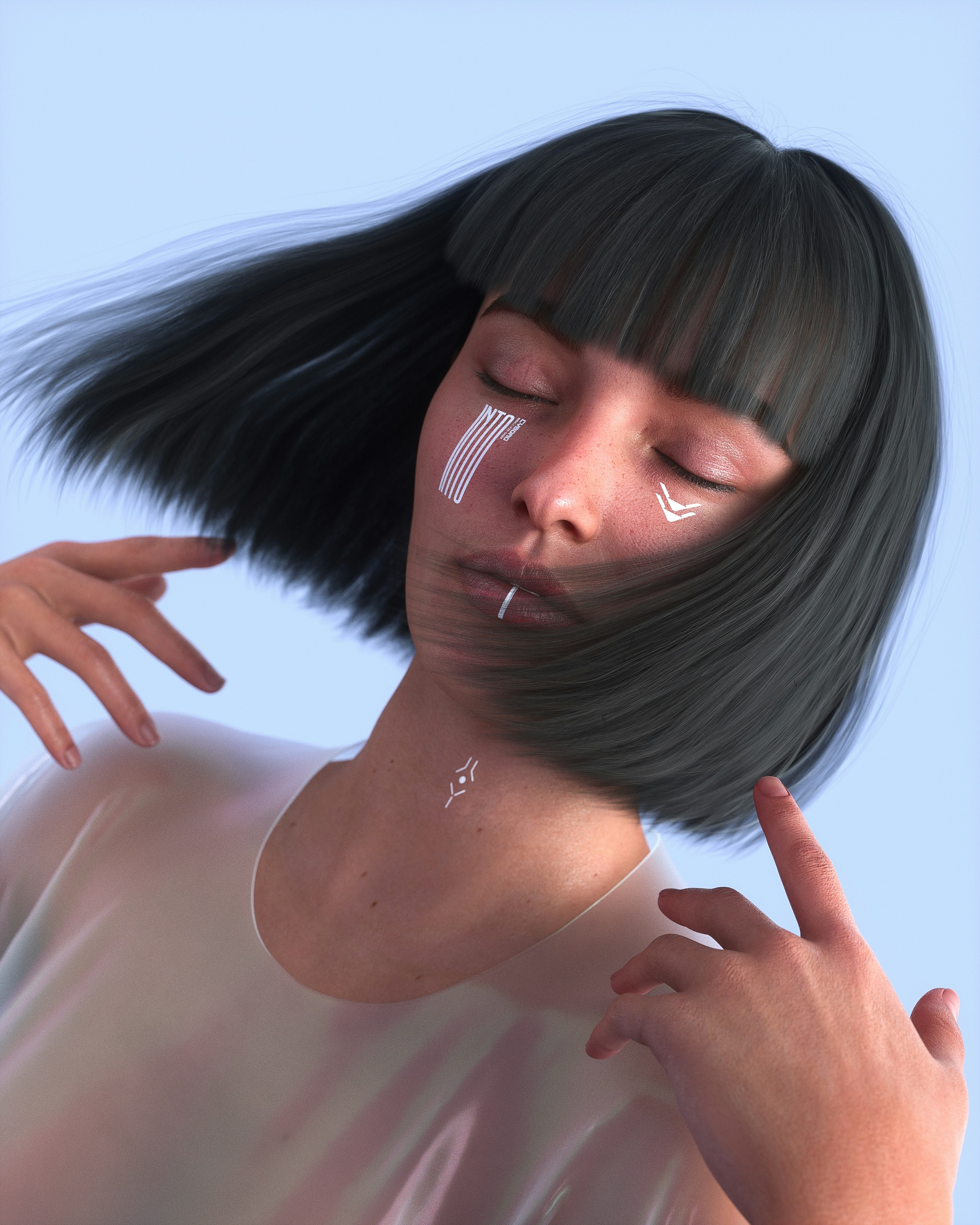 Una mujer con los ojos cerrados y el pelo soplando al viento