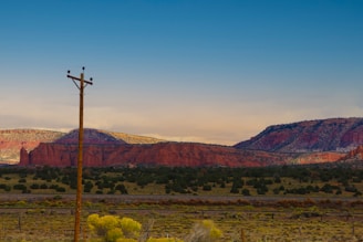 A scenic landscape featuring a clear blue sky above rolling red sandstone hills in the background. The foreground contains a flat expanse of desert vegetation with patches of green shrubs and bushes. A utility pole stands prominently to the left, running through the open terrain.