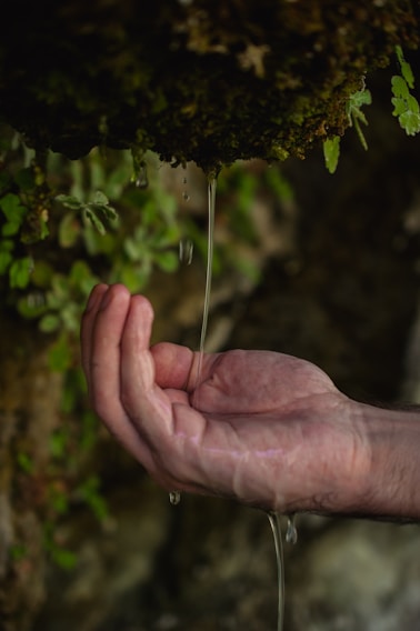 a person's hand holding water dripping from a faucet