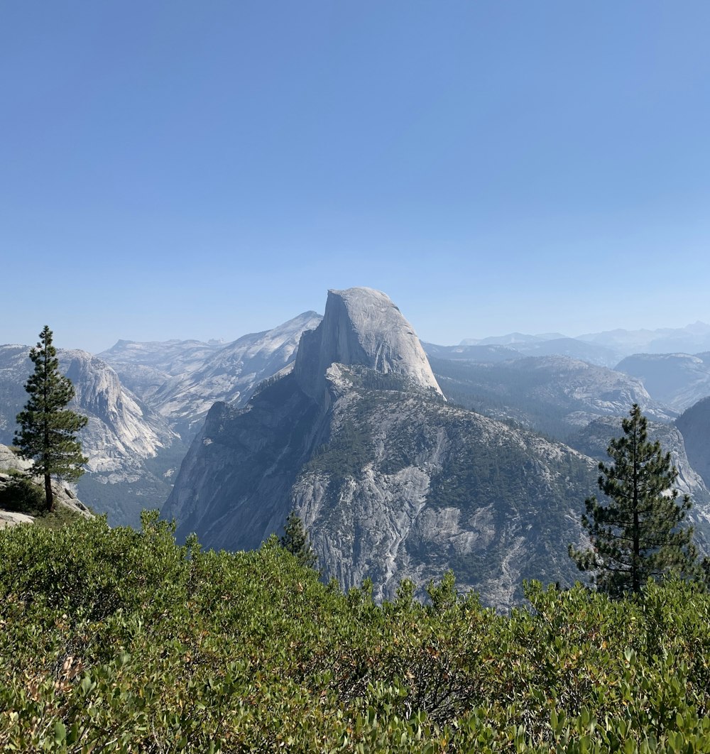 a view of a mountain range with trees in the foreground