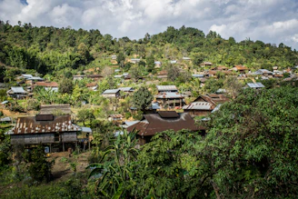 a village nestled on a hill surrounded by trees