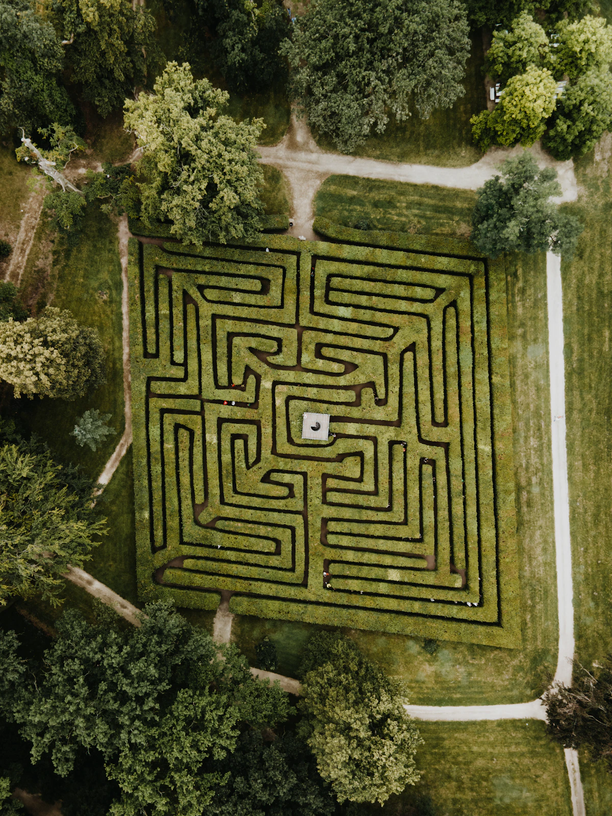 Aerial view of a hedge maze in a field
