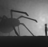 a person standing in front of a giant spider