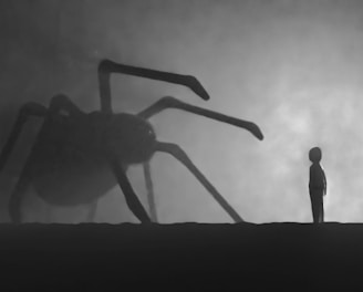 a person standing in front of a giant spider