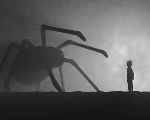 a person standing in front of a giant spider