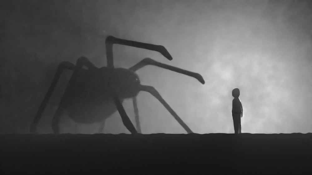 Eine Person, die vor einer riesigen Spinne steht