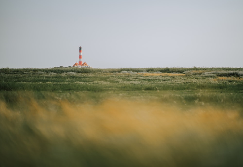 Un campo con un faro en la distancia