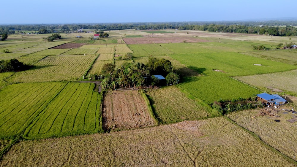 an aerial view of a farm with a blue house