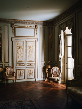 A luxurious, ornately decorated room with intricate wall panels and gold detailing. The space features elegant chairs with floral upholstery, a richly patterned wooden floor, and a window with heavy drapes letting in soft light.