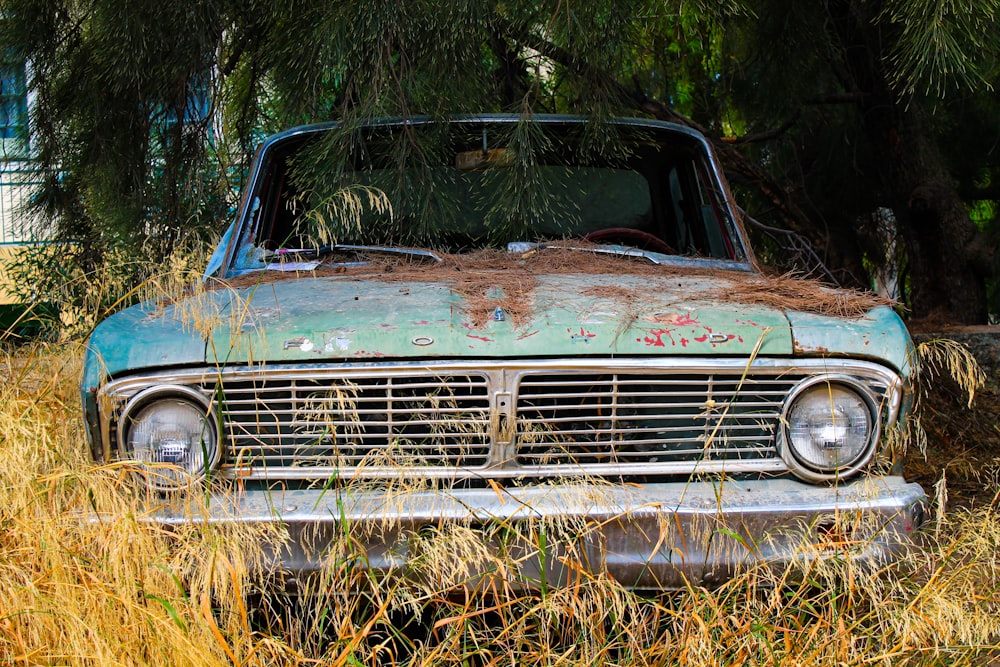 a rusted out car sitting in a field of tall grass