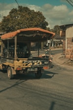 A small truck with a canvas cover is driving down a rural road lined with a few buildings and trees. The truck has visible writing on the back and is casting shadows on the road. The scene includes some people on a motorcycle nearby, and the sunlight gives the image a warm, late afternoon appearance.