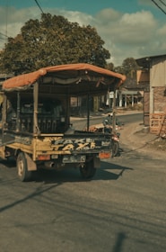 A small truck with a canvas cover is driving down a rural road lined with a few buildings and trees. The truck has visible writing on the back and is casting shadows on the road. The scene includes some people on a motorcycle nearby, and the sunlight gives the image a warm, late afternoon appearance.