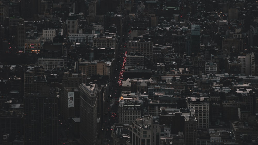 an aerial view of a city at night