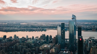 an aerial view of a city and a body of water