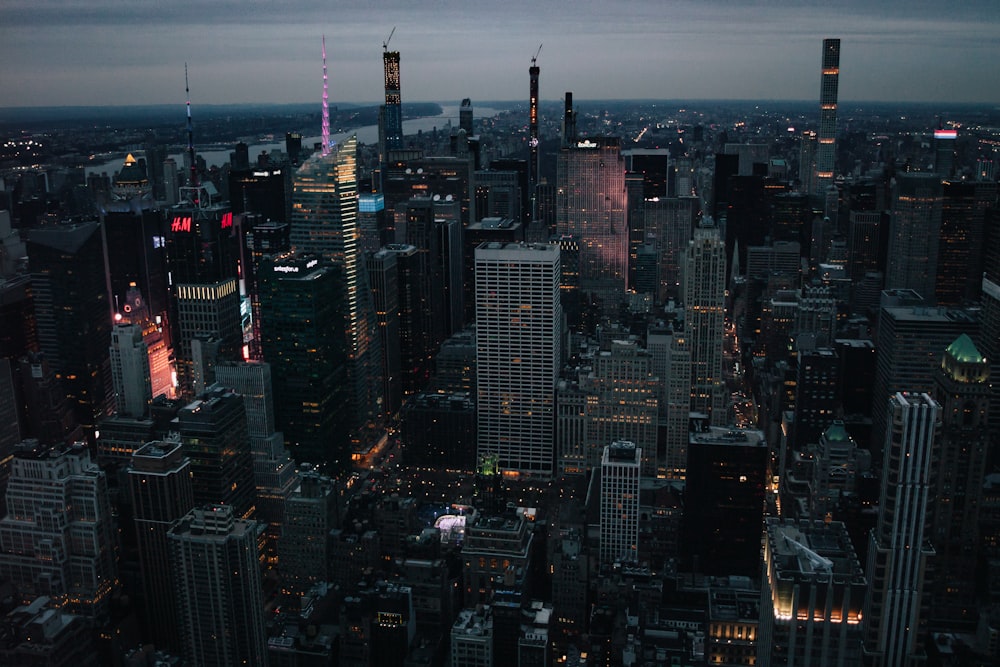 an aerial view of a city at night