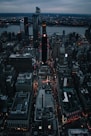 an aerial view of a city at night