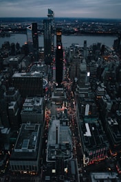 an aerial view of a city at night