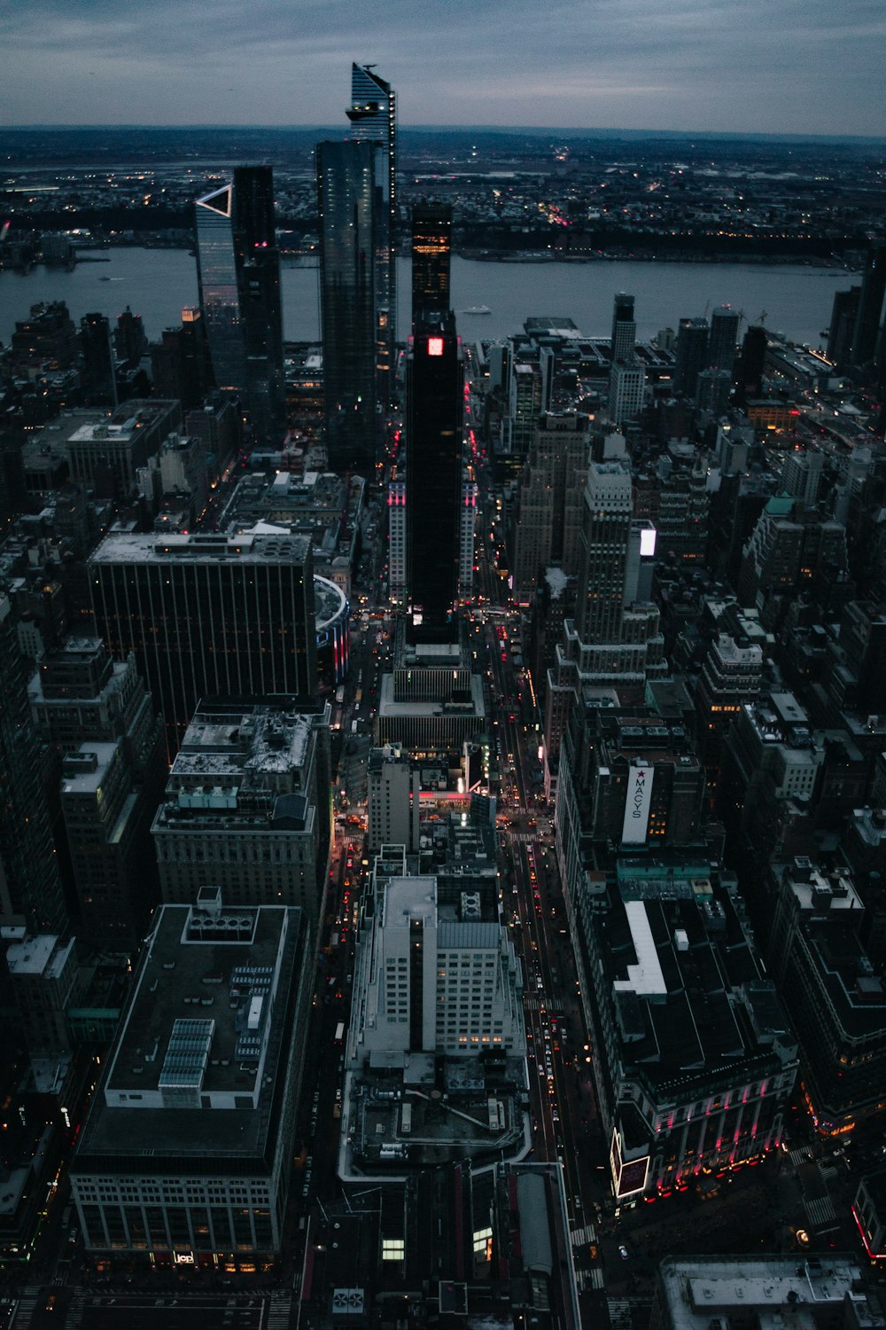 an aerial view of a city at night