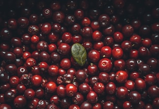 A densely packed collection of ripe cranberries, all varying shades of deep red, with a single green leaf among them, providing contrast. The texture of the cranberries is glossy and smooth.
