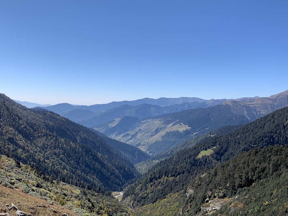 a view of a valley with mountains in the background