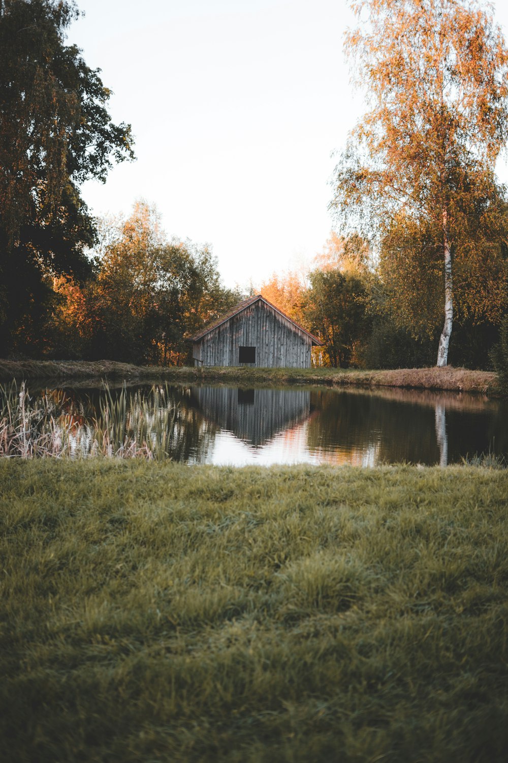 a house sitting on top of a lush green field next to a lake