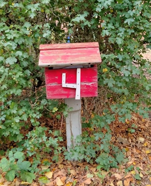 A rustic, red wooden mailbox stands on a weathered wooden post surrounded by dense green foliage and fallen leaves. The mailbox has a simple, traditional design with a slanted roof and a white latch at the front.