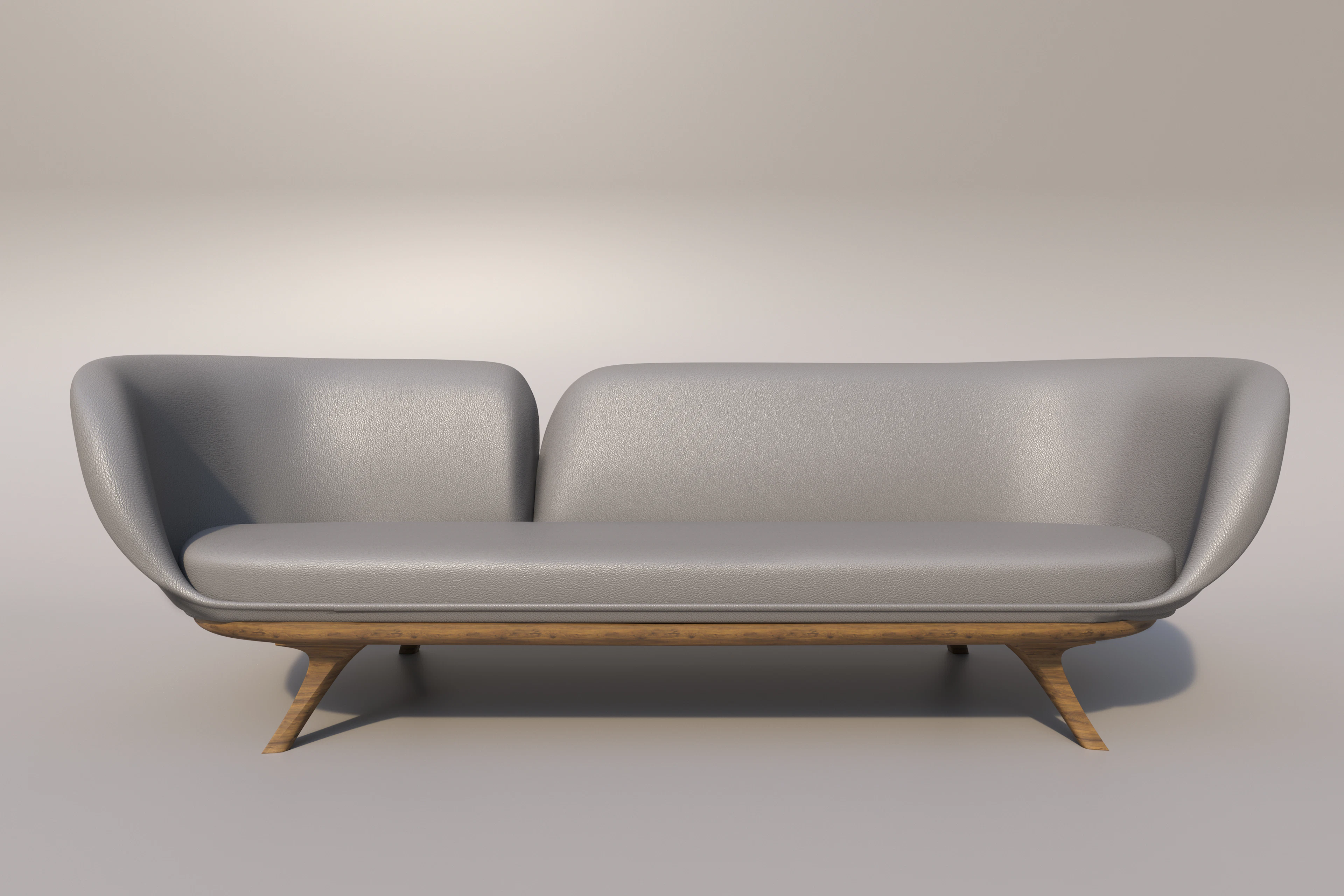 A low grey sofa on a wooden base against a grey background