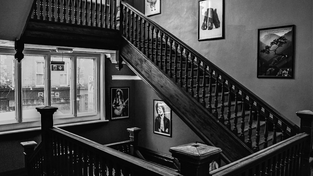 a black and white photo of a staircase