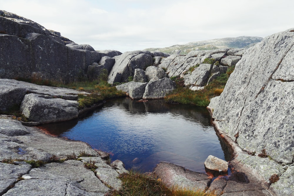 a small pond in the middle of some rocks