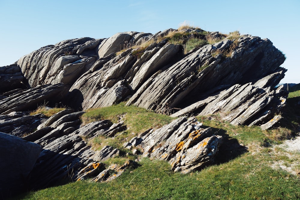 a rocky outcrop with grass growing on top of it