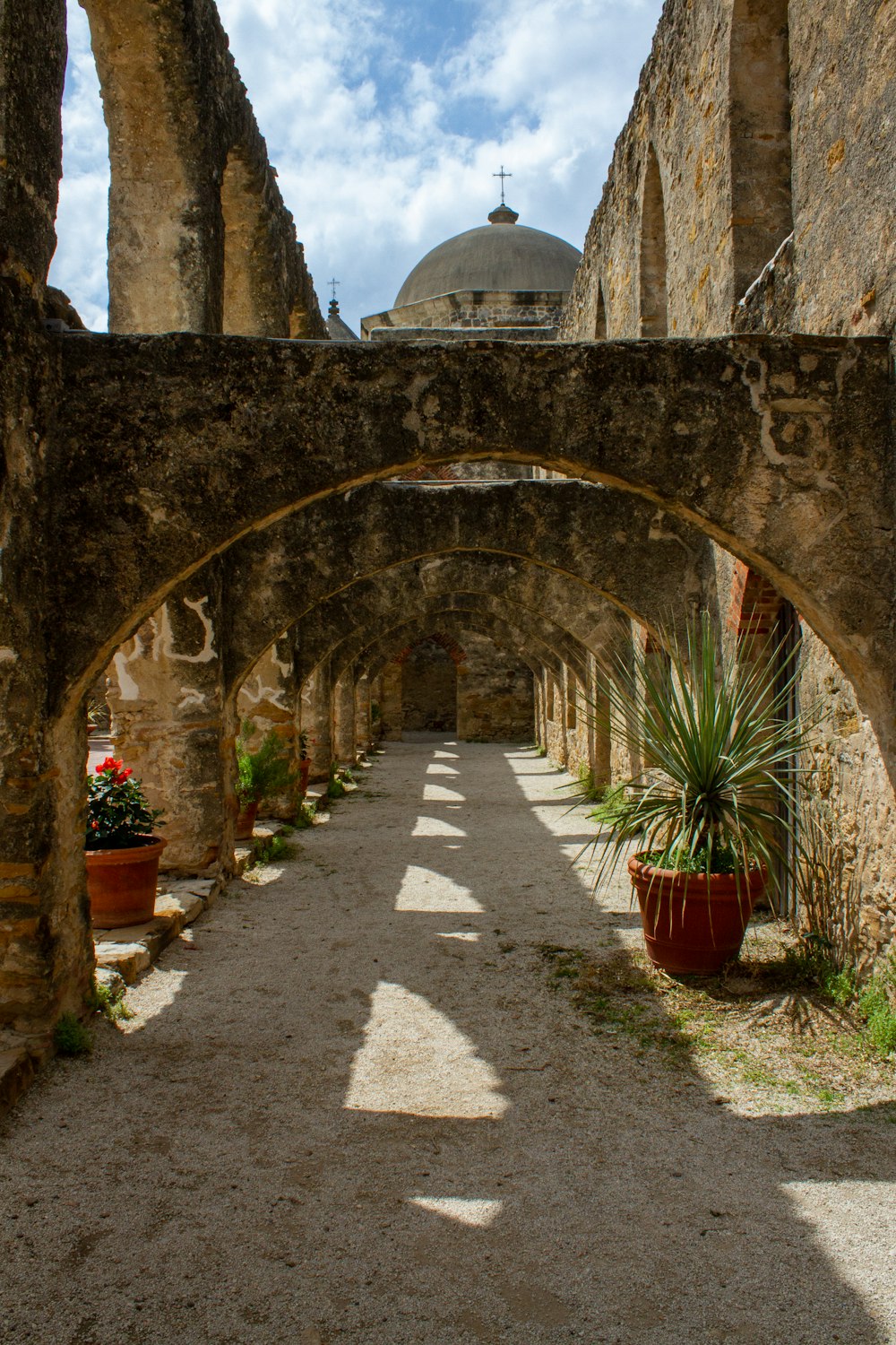 a stone archway with potted plants on either side