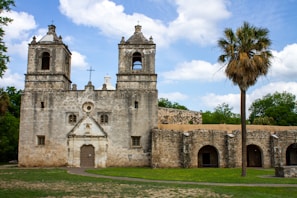 an old church with a palm tree in front of it