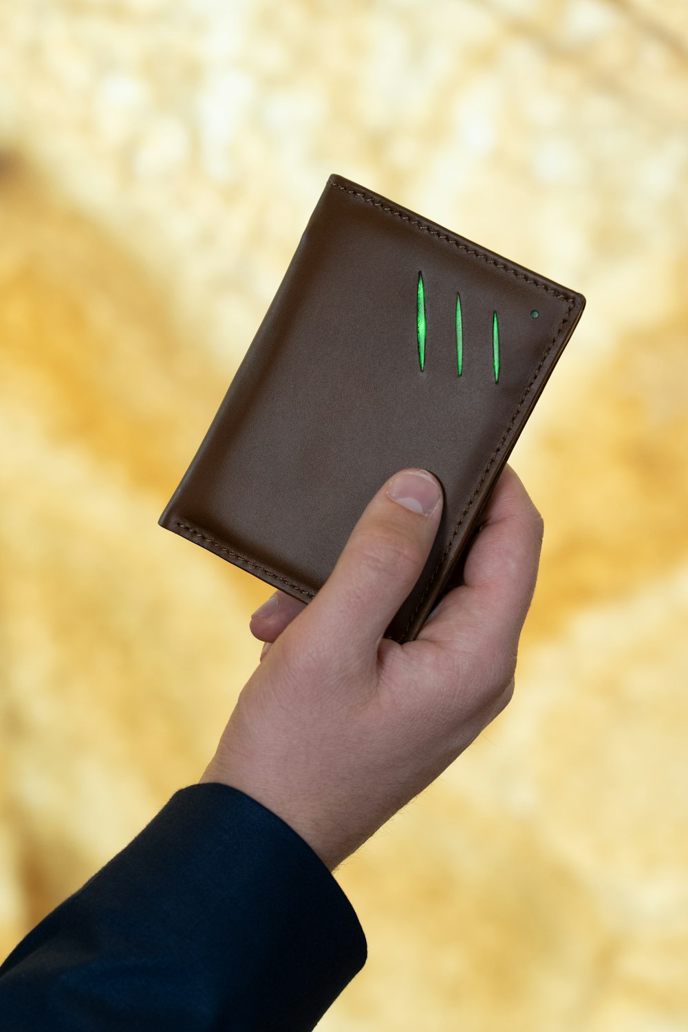 a hand holding a wallet with a green arrow on it