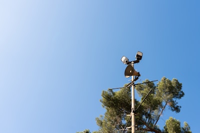 A tall pole is equipped with two floodlights and a loudspeaker, set against a clear blue sky. Green tree branches are visible at the bottom, suggesting a natural environment.