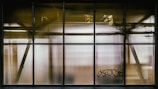 A series of frosted glass panels divided by a grid of metal frames. The glass is partially opaque, revealing blurred shapes and shadows behind. There is graffiti on one panel.