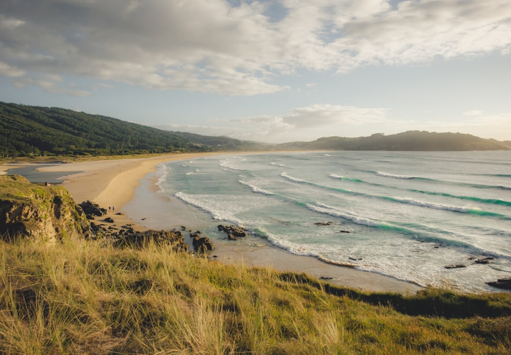 a view of a beach with waves coming in from the ocean