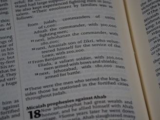a close up of an open book with text