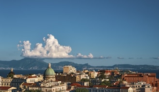 a view of a city with mountains in the background