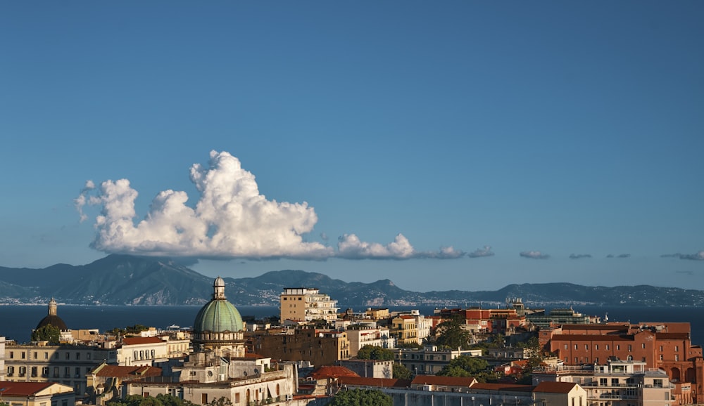 a view of a city with mountains in the background