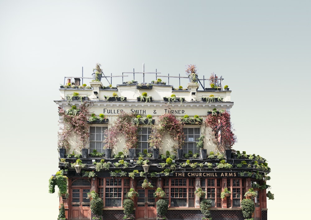 a tall building with lots of plants growing on it