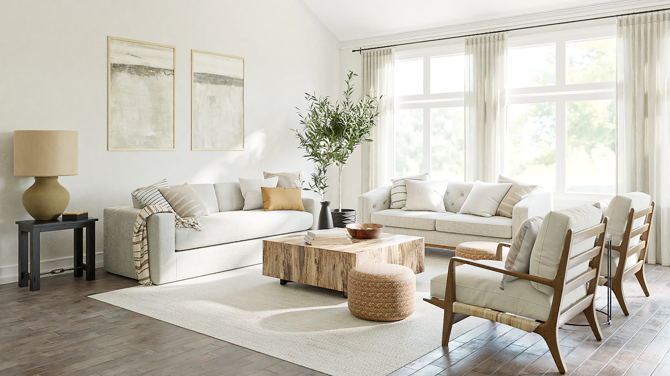 Warm residential living room arranged with refined furniture and natural light