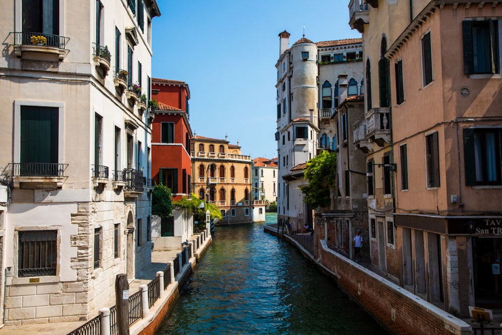 a river running through a city next to tall buildings