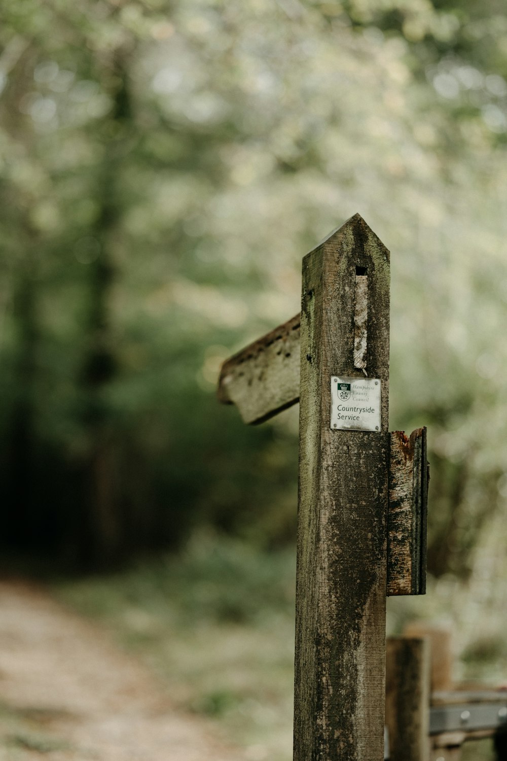 a wooden cross on a post in the woods