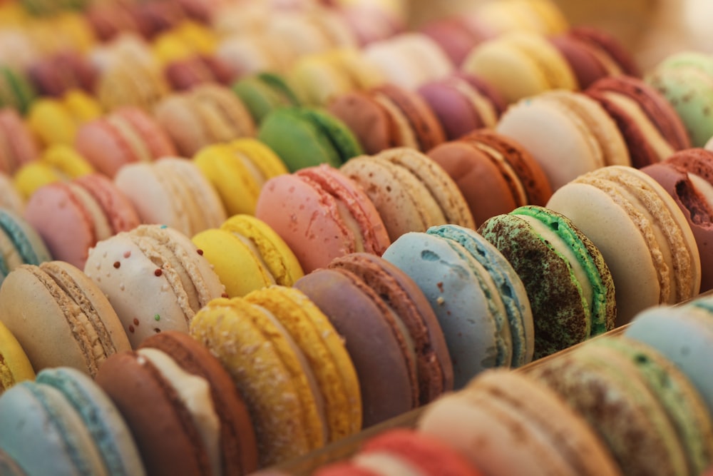 a close up of a tray of macaroons
